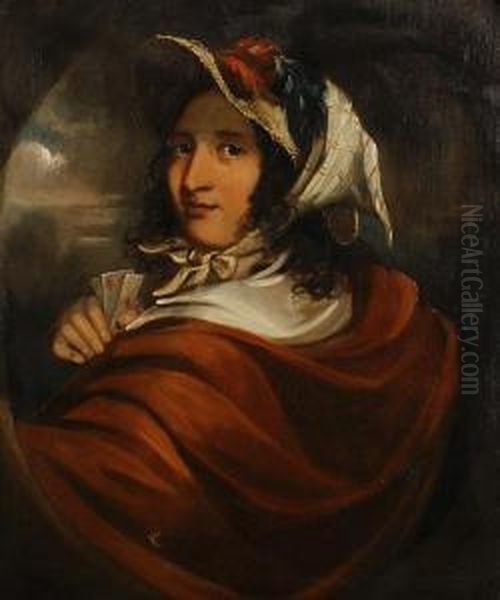 Portrait Of Woman In A Red Cloak Holding Playing Cards - view 1