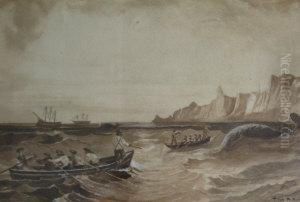 P Evans, Monochromewatercolour, Seascape With Figures In Row Boats, 7ins X 10ins