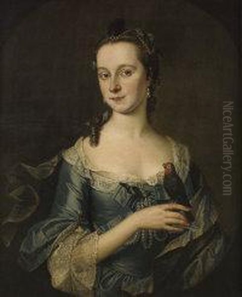 Portrait Of A Lady, Said To Be The Wife Of Sir Robert Travers, Half-length, In A Blue, Lace-edged Dress, With A Parakeet Perched On Her Finger, In A Painted Oval - view 1