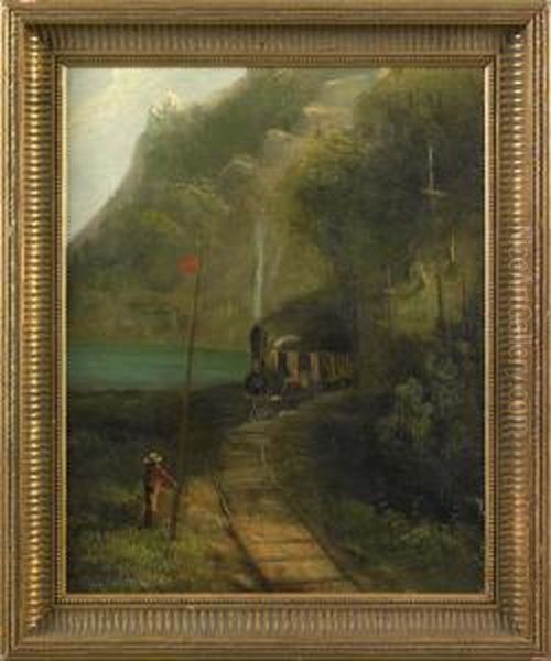 River Landscape With Train And Figure - view 1