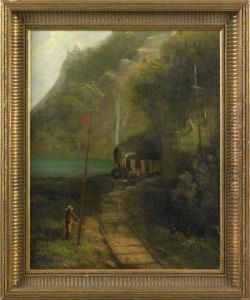 River Landscape With Train And Figure by Thomas Benjamin Pope