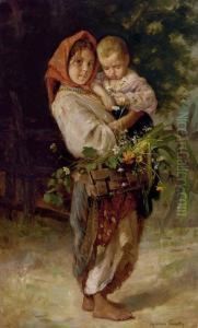 Peasant Girl With Child And Basket by Lukijan Popoff