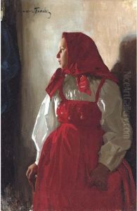 Young Girl In A Red Sarafan by Lukijan Popoff