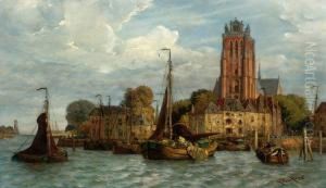 View Of Dordrecht Seen From The Water With The 'grote Kerk' In The Background