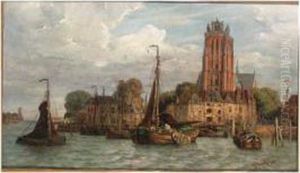 A View Of Dordrecht With Tjalken Moored Along The Quay by Fedor Poppe