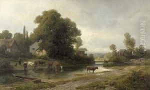 Bauerin Mit Rindern Bei Der Tranke An Einem Fluss.