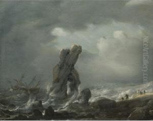 Ships In Distress Off A Rocky Coast by Julius Porcellis