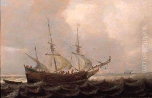 A Threemaster Offshore In A Stiff Breeze, On A Cloudy Day by Julius Porcellis