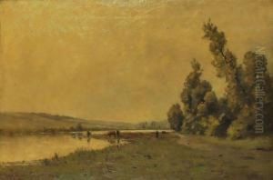 Vaches En Bord De Riviere by Charles Albert Porcher