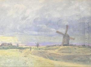 Paysage Anime Aux Moulins A Vent by Charles Albert Porcher