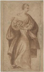 Schreitende Frau Mit Fruchtkorb by (Giovanni Antonio de' Sacchis) Pordenone