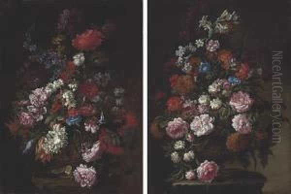 Peonies, Carnations, Daisies, Larkspur And Other Flowers In Anornamental Urn On A Stone Ledge - view 1