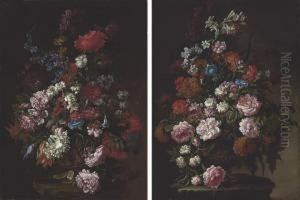 Peonies, Carnations, Daisies, Larkspur And Other Flowers In Anornamental Urn On A Stone Ledge