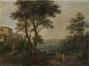 An Italianate Landscape With Figures Resting In The Foreground by Andrea Porta