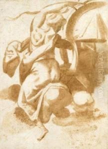 Figure Feminine Plafonnante
 Plume Et Encre Brune, Lavis Brun