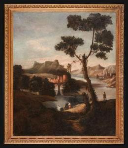 Paesaggio Fluviale Con Figure E Borgo In Lontananza