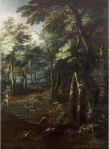 Paesaggio Boschivo Con Giovani Che Giocano A Palla