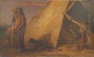 Jeune Femme Et Son Chien Devant Une Tente by Jan Frans Portaels