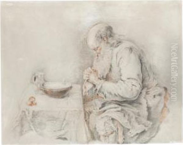 An Old Man Saying Grace Over His Simple Meal - view 1