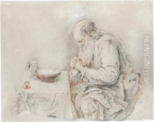 An Old Man Saying Grace Over His Simple Meal by Jacques-Andre Portail