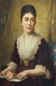 American, - Portrait Of Alady Holding A Rose by Benjamin Curtis Porter