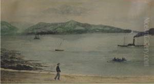 A Sailor Walking On A Sandy Cove, Steam Vessel And Men In Row Boat by Rufus Porter
