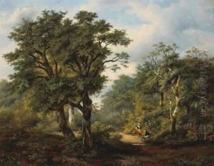 A Wooded Landscape With Figures On A Path by D. Portielje