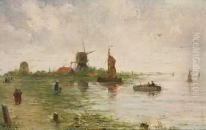 Rivierlandschap Met Personages Aan Het Werk En In Bootjes Bij Windmolen by Edward Antoon Portielje