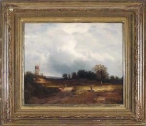 Bauerin Und Schafer In Baumbestandener Landschaft Mit Einer Windmuhle Links by Eduard Wilhelm Pose