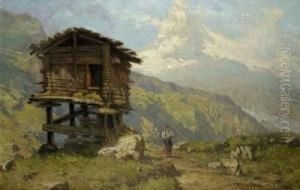 Das Matterhorn Von Der Riffelalp Aus Gesehen, Im Vordergrund Eine Junge Bauerin Bei Einem Heustadel by Felix Possart