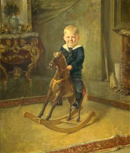 Interieur Mit Jungen Auf Schaukelpferd Reitend by Rudolf Possin