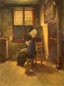 Stubeninterieur Mit Strickender Magd by Rudolf Possin
