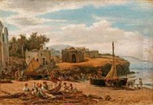 Italienischekustenlandschaft Mit Fischerfamilien Am Strand by Eduard Caspar Post
