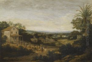 A Landscape In Brazil Looking Down On The Varzea, Europeans And Natives Approaching A Church In The Foreground by Frans Jansz. Post