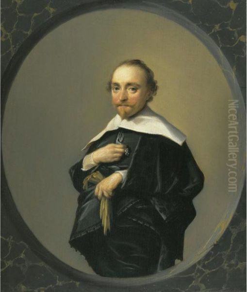 Portrait Of A Bearded Man Wearing A Black Coat With A Large White Collar, Holding A Pair Of Gloves - view 1