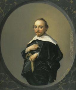 Portrait Of A Bearded Man Wearing A Black Coat With A Large White Collar, Holding A Pair Of Gloves by Hendrick Gerritsz. Pot