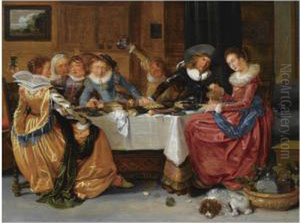 An Elegant Merry Company, Seated Around An Abundantly Laidtable, Drinking, In A Richly Decorated Interior - view 1