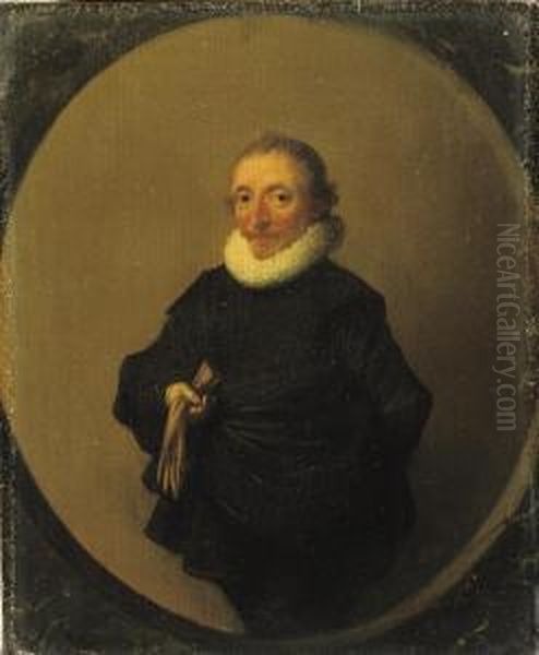 Portrait Of David De Moor, Three-quarter-length, In A Black Costumewith A White 'molensteenkraag', Holding A Pair Of Leather Gloves; Apainted Oval - view 1