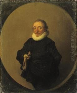 Portrait Of David De Moor, Three-quarter-length, In A Black Costumewith A White 'molensteenkraag', Holding A Pair Of Leather Gloves; Apainted Oval by Hendrick Gerritsz. Pot
