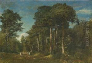 Elegantes Dans Une Allee De Sous-bois by Adolphe Martial Potemont