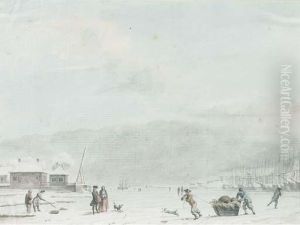 An Extensive Landscape With Figures Fishing And Skating On The Iceby A Frozen Port by Hendrik Pothoven