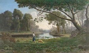Femme Et Mouton Dans Un Paysage Avec Etang Femme Et Mouton Dans Un Paysage Avec Etang