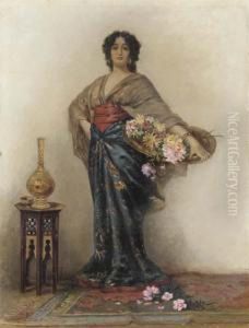 Portrait Of A Lady With Delphiniums In An Interior