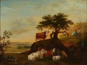 Cattle, Goats And Shepherds Resting On A Hillside by Paulus Potter