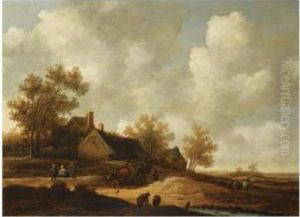 A Dune Landscape With A Farmer With His Horse-drawn Cart, Otherfigures Conversing On A Path Near A Barn by Pieter Symonsz Potter