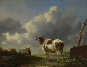 Zwei Rinder Beim Gatter Auf Der Weide by Paulus Potters