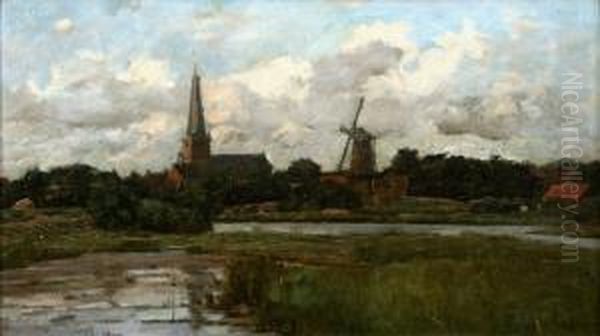 Gezicht Op Een Dorp Met Kerk En Molen. Gesigneerd - view 1
