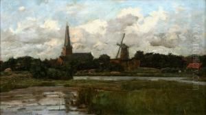 Gezicht Op Een Dorp Met Kerk En Molen. Gesigneerd by Cornelis Pouderoijen