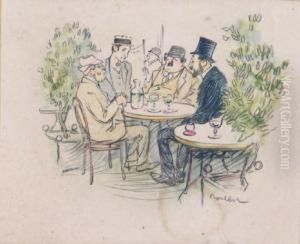 La Conversation La Terrasse Du Cafe by Francisque Poulbot