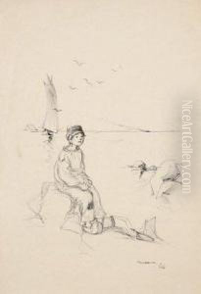 Jeune Garcon En Costume De Matelot Assis Sur Un Rocher Devant La Mer - view 1